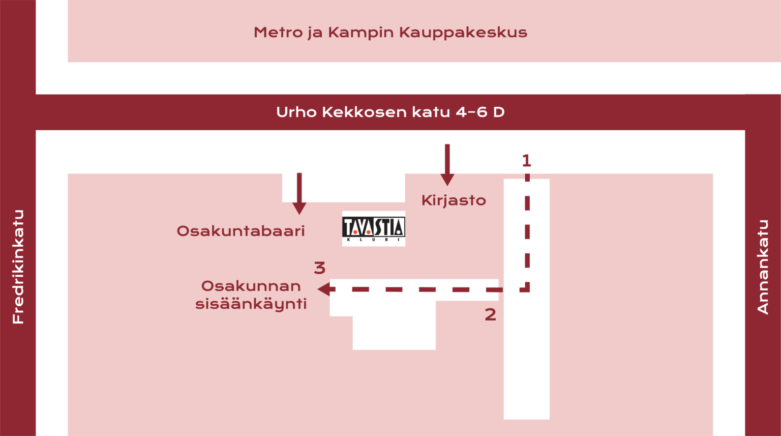 Kartta kulkureitistä Hämäläis-Osakunnan sisäänkäynnille